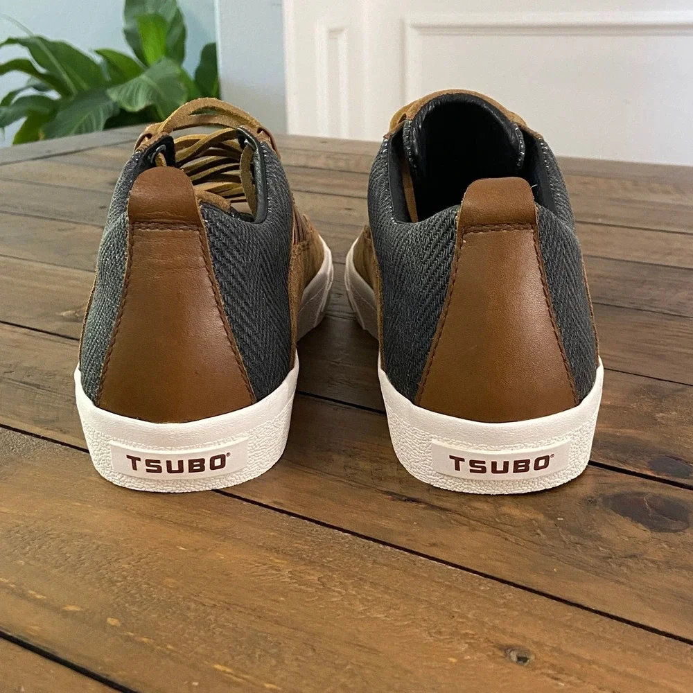 Tsubo Mens Brown Leather Suede Herringbone Low Top Sneakers Size 9